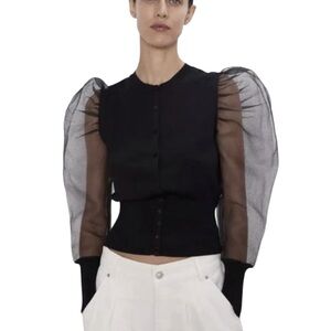 Zara Women’s Black Puff Long Sleeve Sheer Organza Top | Size Small